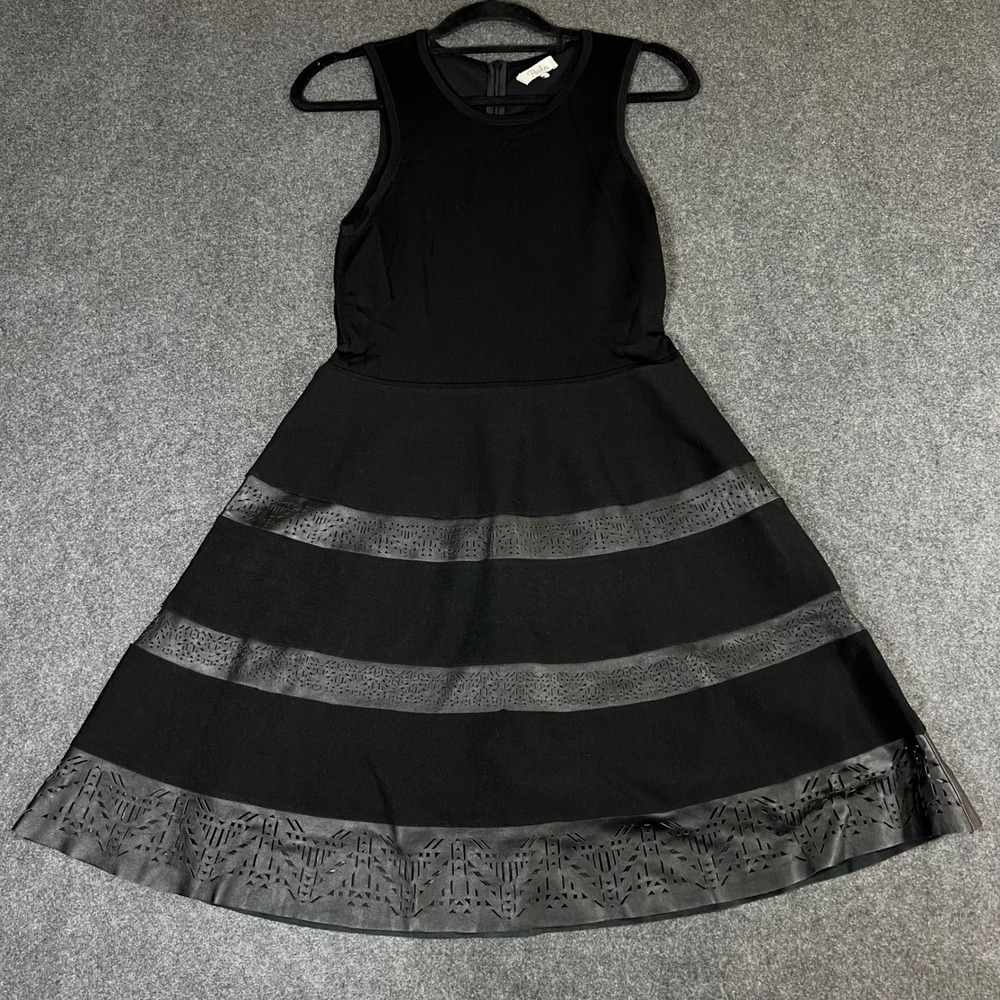 Parker Black Fit and Flare Dress Laser Cut Leather Trim Sleeveless M Chic
